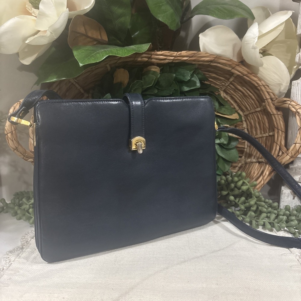Vintage Susan Gail Navy Blue Leather Small Gold Hardware Crossbody Mid Century